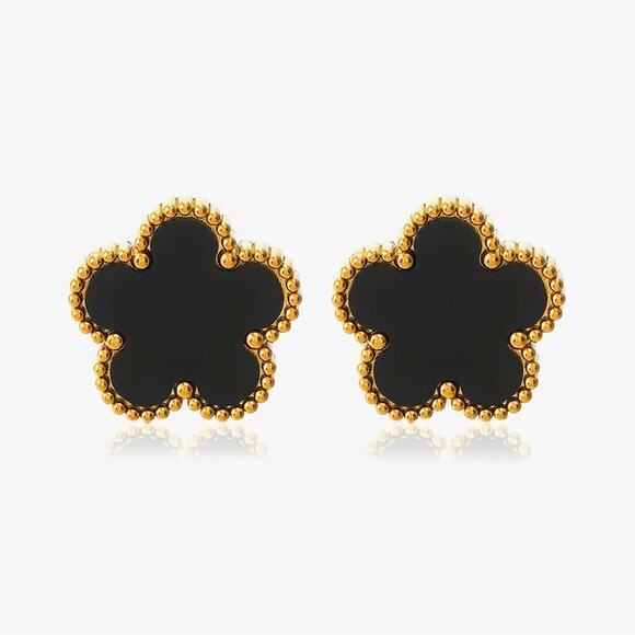 Black Flower Clover‎ Earring 18K Gold Plated Stud Earrings - Picture 1 of 5